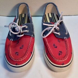 Sperry Canvas Top-Sider Vintage Boat Shoes Nautical w/Anchors 8M Red White& Blue